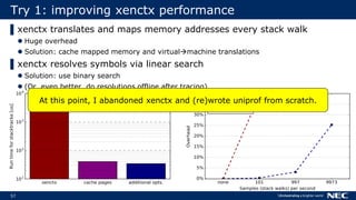 57
Try 1: improving xenctx performance
▌xenctx translates and maps memory addresses every stack walk
 Huge overhead
 Solution: cache mapped memory and virtualmachine translations
▌xenctx resolves symbols via linear search
 Solution: use binary search
 (Or, even better, do resolutions offline after tracing)
At this point, I abandoned xenctx and (re)wrote uniprof from scratch.
 