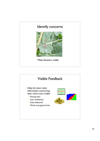 Identify concerns




               Make blockers visible




               Visible Feedback

• Help the team make
  information concerning
  their work more visible
   –   Passing tests
   –   User satisfaction
   –   Value delivered
   –   Work-in-progress limits




                                       12
 