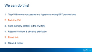 35
We can do this!
1. Trap VM memory accesses to a hypervisor using EPT permissions
2. Fork the VM
3. Fuzz memory content in the VM fork
4. Resume VM fork & observe execution
5. Reset fork
6. Rinse & repeat
 
