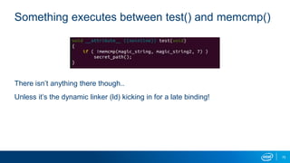 75
Something executes between test() and memcmp()
There isn’t anything there though..
Unless it’s the dynamic linker (ld) kicking in for a late binding!
 