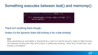 76
Something executes between test() and memcmp()
There isn’t anything there though..
Unless it’s the dynamic linker (ld) kicking in for a late binding!
 
