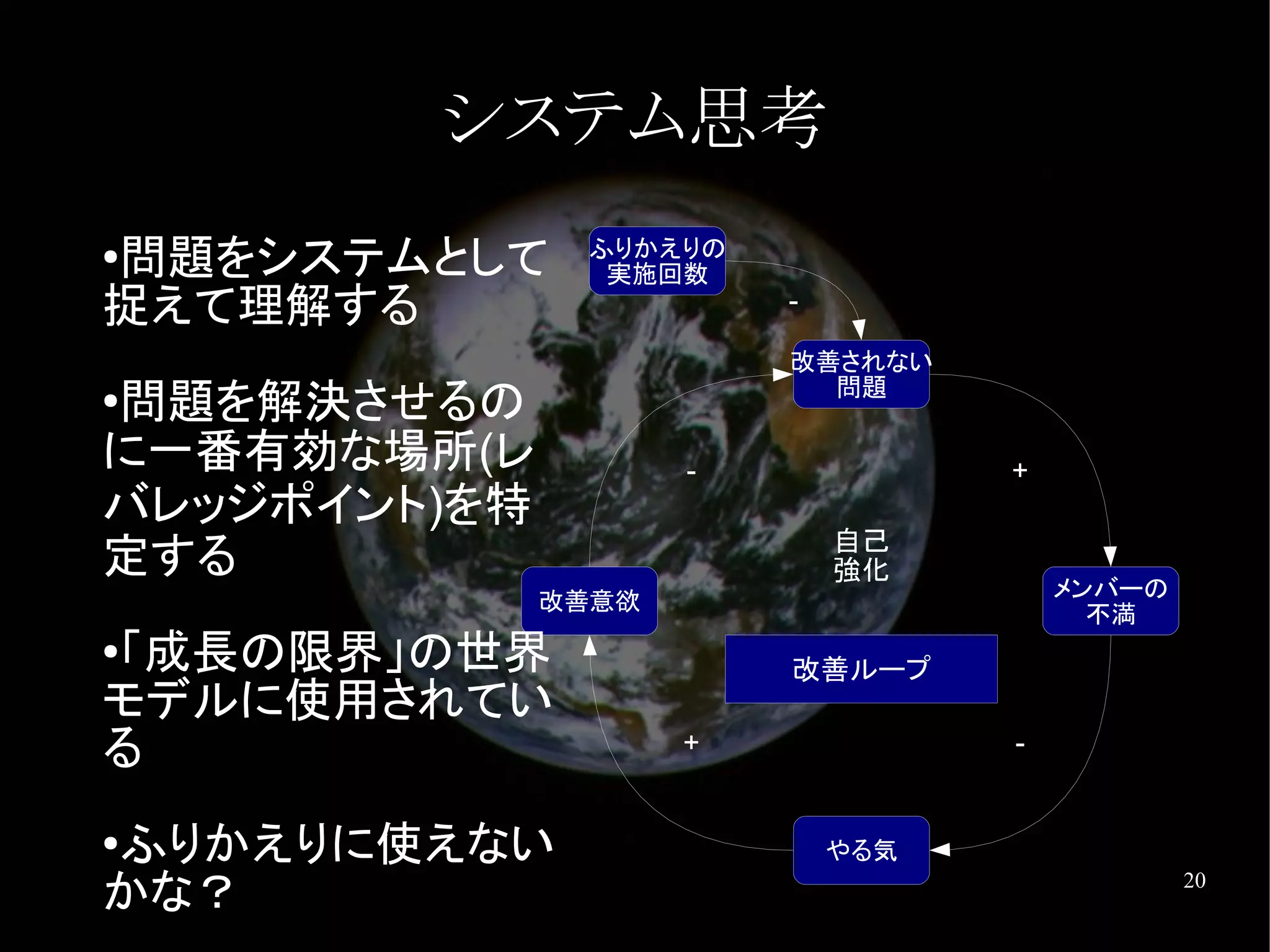 システム思考
問題をシステムとして
●              ふりかえりの
                実施回数
捉えて理解する                  -

                         改善されない
                           問題
問題を解決させるの
●

に一番有効な場所(レ           -             +
バレッジポイント)を特
                             自己
定する                          強化
              改善意欲                     メンバーの
                                         不満
「成長の限界」の世界
●
                         改善ループ
モデルに使用されてい
る                    +             -


ふりかえりに使えない
●                            やる気
かな？                                            20
 