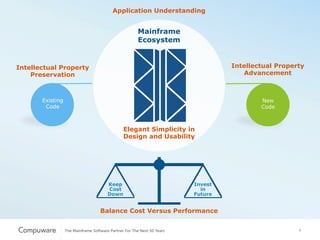 4
Application Understanding
Invest
in
Future
Keep
Cost
Down
Mainframe
Ecosystem
Elegant Simplicity in
Design and Usability
New
Code
Intellectual Property
Preservation
Intellectual Property
Advancement
Existing
Code
Balance Cost Versus Performance
 