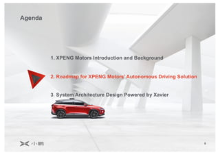 6
Agenda
1. XPENG Motors Introduction and Background
2. Roadmap for XPENG Motors’ Autonomous Driving Solution
3. System Architecture Design Powered by Xavier
 