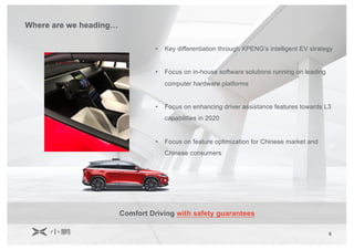 Comfort Driving with safety guarantees
Where are we heading…
• Key differentiation through XPENG’s intelligent EV strategy
• Focus on in-house software solutions running on leading
computer hardware platforms
• Focus on enhancing driver assistance features towards L3
capabilities in 2020
• Focus on feature optimization for Chinese market and
Chinese consumers
8
 