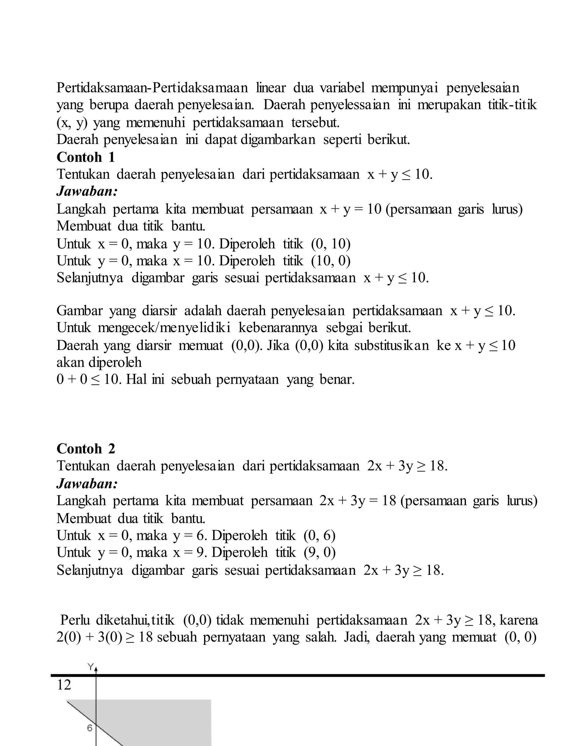4
12
Pertidaksamaan-Pertidaksamaan linear dua variabel mempunyai penyelesaian
yang berupa daerah penyelesaian. Daerah penyelessaian ini merupakan titik-titik
(x, y) yang memenuhi pertidaksamaan tersebut.
Daerah penyelesaian ini dapat digambarkan seperti berikut.
Contoh 1
Tentukan daerah penyelesaian dari pertidaksamaan x + y ≤ 10.
Jawaban:
Langkah pertama kita membuat persamaan x + y = 10 (persamaan garis lurus)
Membuat dua titik bantu.
Untuk x = 0, maka y = 10. Diperoleh titik (0, 10)
Untuk y = 0, maka x = 10. Diperoleh titik (10, 0)
Selanjutnya digambar garis sesuai pertidaksamaan x + y ≤ 10.
Gambar yang diarsir adalah daerah penyelesaian pertidaksamaan x + y ≤ 10.
Untuk mengecek/menyelidiki kebenarannya sebgai berikut.
Daerah yang diarsir memuat (0,0). Jika (0,0) kita substitusikan ke x + y ≤ 10
akan diperoleh
0 + 0 ≤ 10. Hal ini sebuah pernyataan yang benar.
Contoh 2
Tentukan daerah penyelesaian dari pertidaksamaan 2x + 3y ≥ 18.
Jawaban:
Langkah pertama kita membuat persamaan 2x + 3y = 18 (persamaan garis lurus)
Membuat dua titik bantu.
Untuk x = 0, maka y = 6. Diperoleh titik (0, 6)
Untuk y = 0, maka x = 9. Diperoleh titik (9, 0)
Selanjutnya digambar garis sesuai pertidaksamaan 2x + 3y ≥ 18.
Perlu diketahui,titik (0,0) tidak memenuhi pertidaksamaan 2x + 3y ≥ 18, karena
2(0) + 3(0) ≥ 18 sebuah pernyataan yang salah. Jadi, daerah yang memuat (0, 0)
 