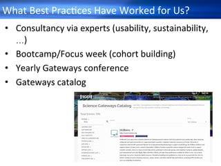 What	Best	Prac7ces	Have	Worked	for	Us?	
•  Consultancy	via	experts	(usability,	sustainability,	
…)	
•  Bootcamp/Focus	week	(cohort	building)	
•  Yearly	Gateways	conference	
•  Gateways	catalog	
	
	
	
	
 