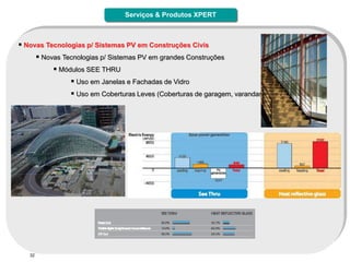 Serviços & Produtos XPERT



 Novas Tecnologias p/ Sistemas PV em Construções Civis
      Novas Tecnologias p/ Sistemas PV em grandes Construções
           Módulos SEE THRU
                Uso em Janelas e Fachadas de Vidro
                Uso em Coberturas Leves (Coberturas de garagem, varandas, passarelas, etc)




   32
 