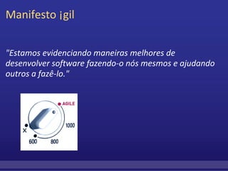 Manifesto Ágil "Estamos evidenciando maneiras melhores de desenvolver software fazendo-o nós mesmos e ajudando outros a fazê-lo."                           