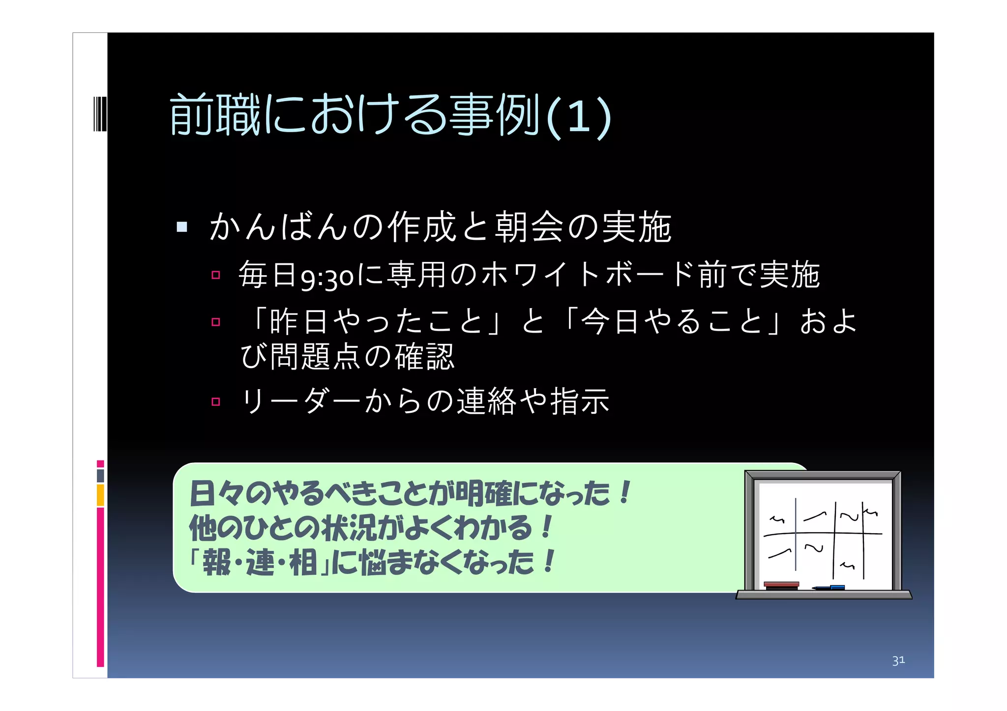 前職における事例(1)

かんばんの作成と朝会の実施
 毎日9:30に専用のホワイトボード前で実施
 「昨日やったこと」と「今日やること」およ
 び問題点の確認
 リーダーからの連絡や指示

日々のやるべきことが明確になった！
他のひとの状況がよくわかる！
「報・連・相」に悩まなくなった！


                         31
 