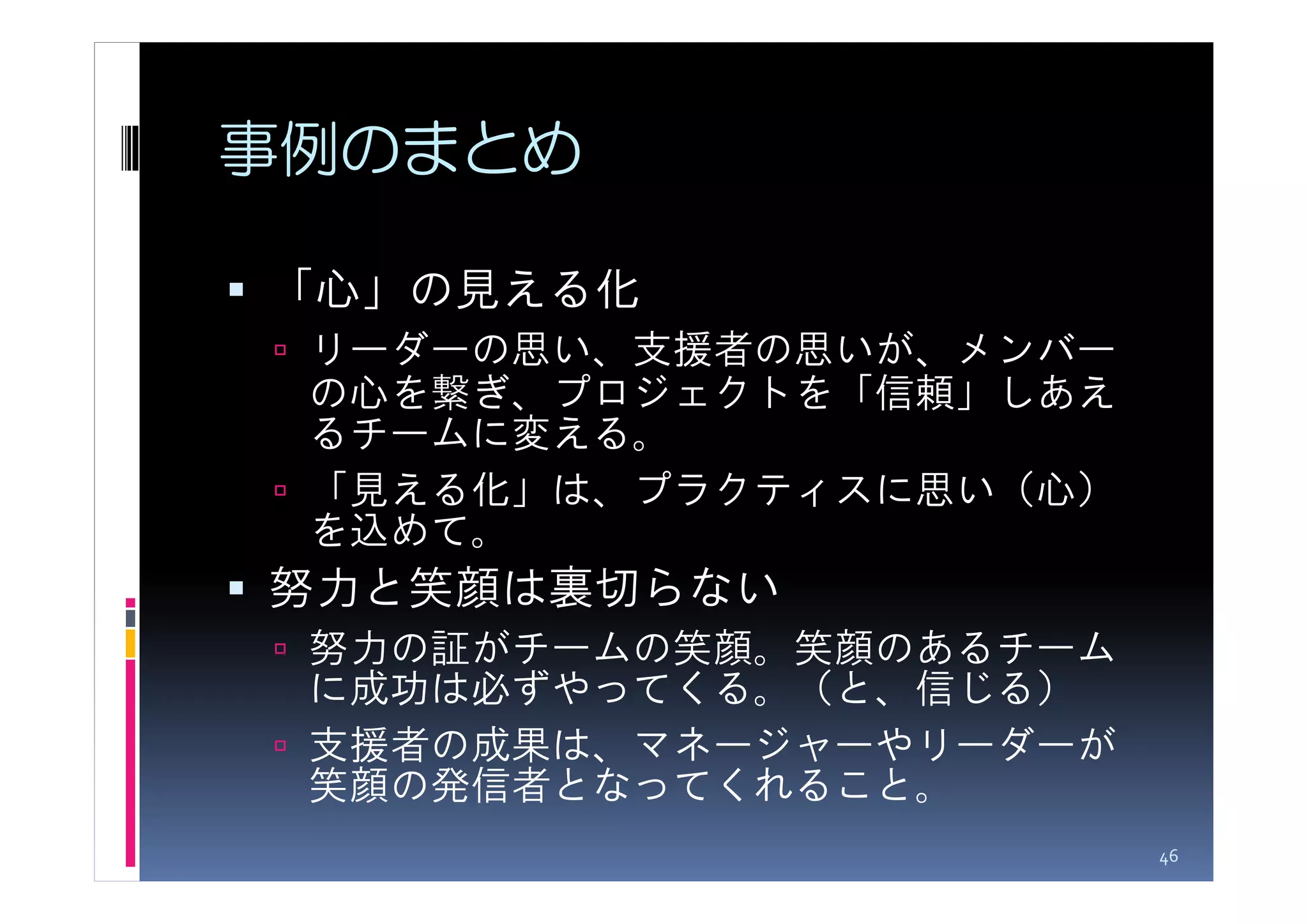 事例のまとめ

「心」の見える化
 リーダーの思い、支援者の思いが、メンバー
 の心を繋ぎ、プロジェクトを「信頼」しあえ
 るチームに変える。
 「見える化」は、プラクティスに思い（心）
 を込めて。
努力と笑顔は裏切らない
 努力の証がチームの笑顔。笑顔のあるチーム
 に成功は必ずやってくる。（と、信じる）
 支援者の成果は、マネージャーやリーダーが
 笑顔の発信者となってくれること。
                        46
 