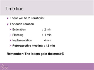 Time line There will be 2 iterations For each iteration Estimation  :  2 min Planning  :  1 min Implementation  :  4 min Retrospective meeting  : 12 min Remember: The losers gain the most     