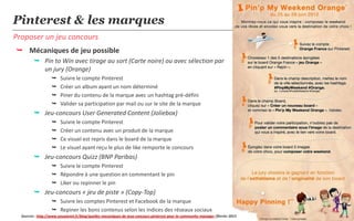 Pinterest & les marques
Proposer un jeu concours
 Mécaniques de jeu possible
          Pin to Win avec tirage au sort (Carte noire) ou avec sélection par
           un jury (Orange)
                       Suivre le compte Pinterest
                       Créer un album ayant un nom déterminé
                       Piner du contenu de la marque avec un hashtag pré-défini
                       Valider sa participation par mail ou sur le site de la marque
          Jeu-concours User Generated Content (Joliebox)
                       Suivre le compte Pinterest
                       Créer un contenu avec un produit de la marque
                       Ce visuel est repris dans le board de la marque
                       Le visuel ayant reçu le plus de like remporte le concours
          Jeu-concours Quizz (BNP Paribas)
                    Suivre le compte Pinterest
                    Répondre à une question en commentant le pin
                    Liker ou repinner le pin
          Jeu-concours « jeu de piste » (Copy-Top)
                    Suivre les comptes Pinterest et Facebook de la marque
                    Repiner les bons contenus selon les indices des réseaux sociaux                                             19
  Sources : http://www.youseemii.fr/blog/quelles-mecaniques-de-jeux-concours-pinterest-pour-le-community-manager /février 2013
 