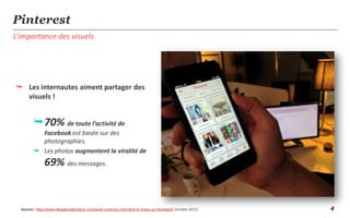 Pinterest
L’importance des visuels




 Les internautes aiment partager des
  visuels !


         70% de toute l’activité de
           Facebook est basée sur des
           photographies.
          Les photos augmentent la viralité de
               69% des messages.


  Sources : http://www.blogdumoderateur.com/quels-contenus-marchent-le-mieux-sur-facebook/ (octobre 2012)   4
 