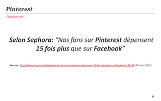 Pinterest
Finalement…




 Selon Sephora: “Nos fans sur Pinterest dépensent
          15 fois plus que sur Facebook”

 Sources : http://www.lsa-conso.fr/sephora-nos-fans-sur-pinterest-depensent-15-fois-plus-que-sur-facebook,140149 (18 mars 2013)




                                                                                                                                  9
 