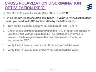 Khalil Al-Alami | 2017-05-23 | Page 14
Cross Polarization Discrimination
Optimization (XPD):
 The Min XPD value for bands (15 – 38 GHz )= 27dB
 1st do the XPD test (see XPD Test Slides), if value is >= 27dB then done,
else you need to do XPD optimization by the below steps:
1. Turn on the Tx on far end of V pol and turn off The Tx of H.
2. Check with a voltmeter at near end on the RAU of H pol and Rotate +/-
until the worst voltage value found. (The rotation is performed to
minimize the leakage between the two polarizations, that is, to
maximize the XPD).
3. Verify the RX Level at near end in H pol and record the value.
4. Verify the RX level at near end in V pol and record the value.
 