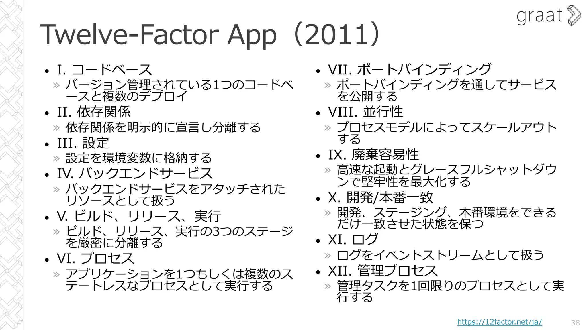 Twelve-Factor App（2011）
• I. コードベース
» バージョン管理されている1つのコードベ
ースと複数のデプロイ
• II. 依存関係
» 依存関係を明⽰的に宣⾔し分離する
• III. 設定
» 設定を環境変数に格納する
• IV. バックエンドサービス
» バックエンドサービスをアタッチされた
リソースとして扱う
• V. ビルド、リリース、実⾏
» ビルド、リリース、実⾏の3つのステージ
を厳密に分離する
• VI. プロセス
» アプリケーションを1つもしくは複数のス
テートレスなプロセスとして実⾏する
38
• VII. ポートバインディング
» ポートバインディングを通してサービス
を公開する
• VIII. 並⾏性
» プロセスモデルによってスケールアウト
する
• IX. 廃棄容易性
» ⾼速な起動とグレースフルシャットダウ
ンで堅牢性を最⼤化する
• X. 開発/本番⼀致
» 開発、ステージング、本番環境をできる
だけ⼀致させた状態を保つ
• XI. ログ
» ログをイベントストリームとして扱う
• XII. 管理プロセス
» 管理タスクを1回限りのプロセスとして実
⾏する
https://12factor.net/ja/
 