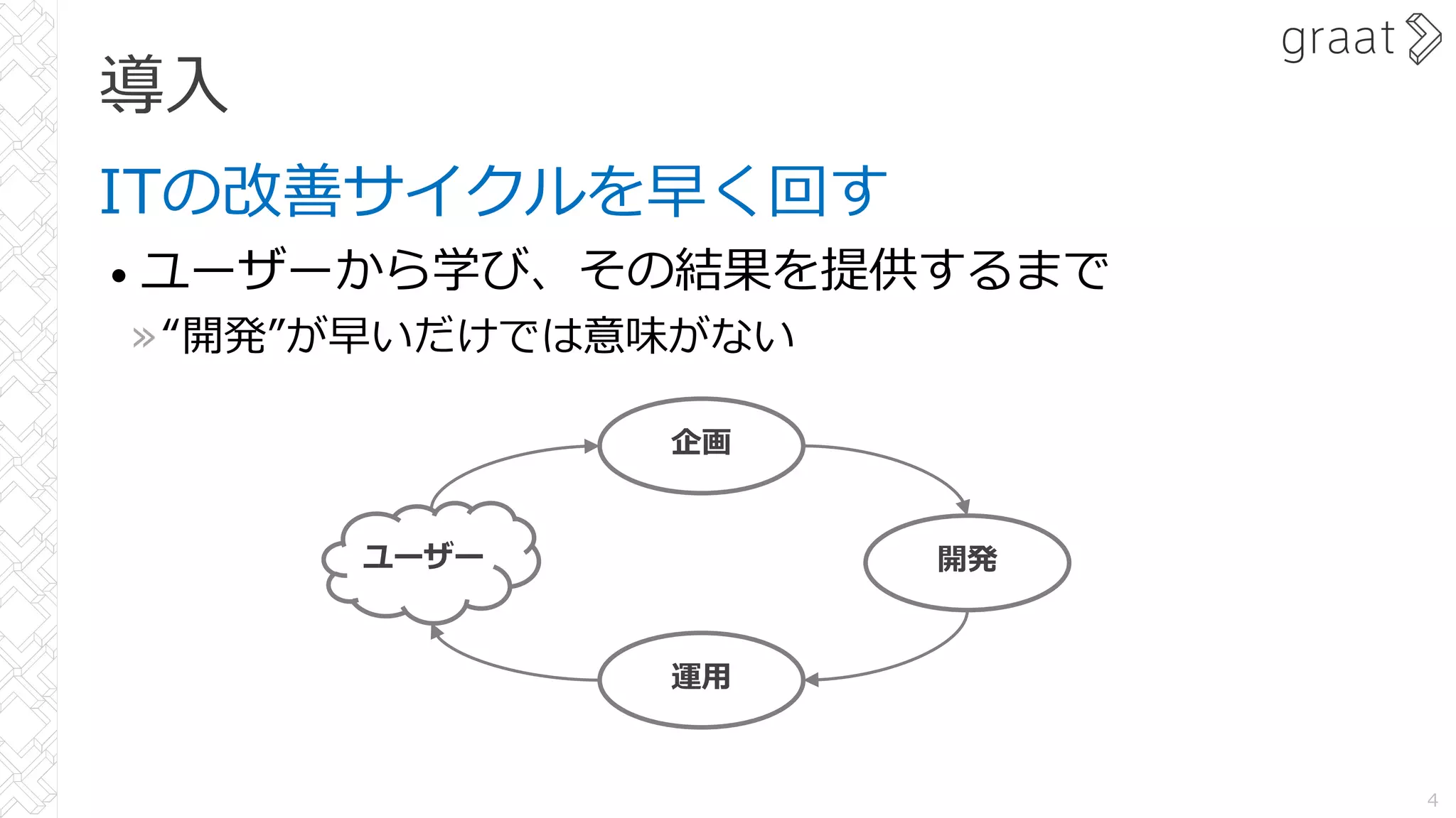 導⼊
ITの改善サイクルを早く回す
• ユーザーから学び、その結果を提供するまで
»“開発”が早いだけでは意味がない
4
ユーザー
企画
開発
運⽤
 