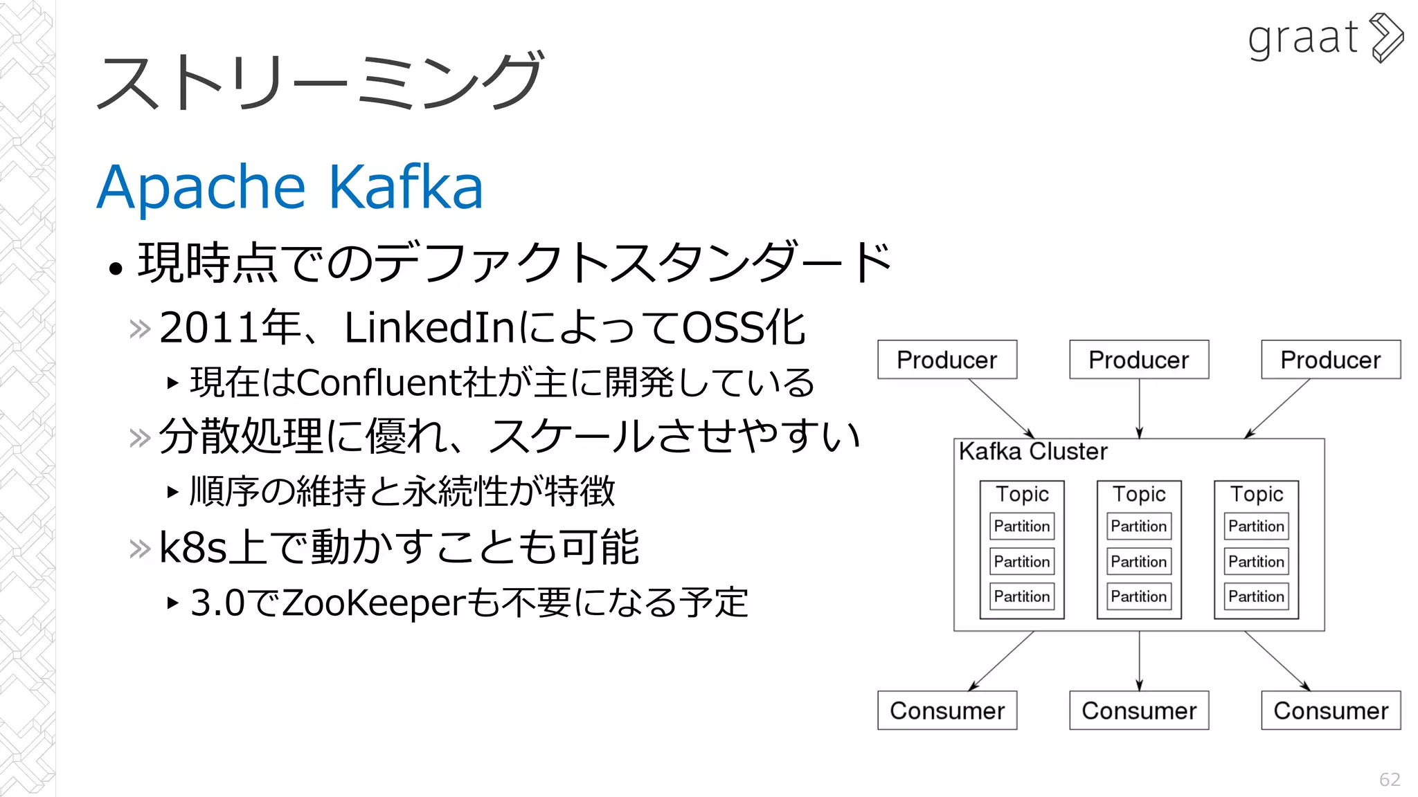 ストリーミング
Apache Kafka
• 現時点でのデファクトスタンダード
»2011年、LinkedInによってOSS化
▸現在はConfluent社が主に開発している
»分散処理に優れ、スケールさせやすい
▸順序の維持と永続性が特徴
»k8s上で動かすことも可能
▸3.0でZooKeeperも不要になる予定
62
 