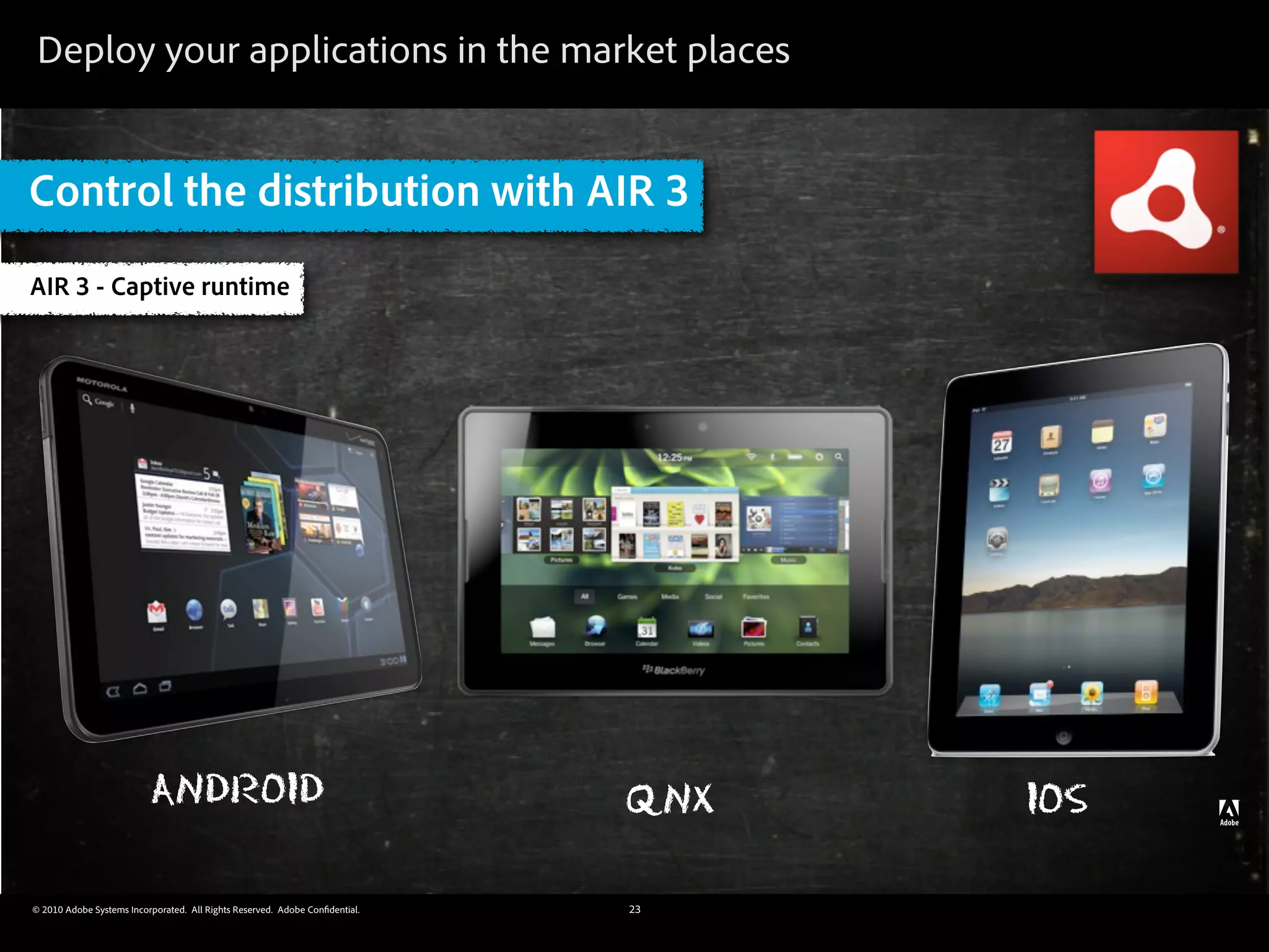 Deploy your applications in the market places


Control the distribution with AIR 3
AIR 3 - Captive runtime




                          ANDROID                                            QNX   IOS

© 2010 Adobe Systems Incorporated. All Rights Reserved. Adobe Con dential.   23
 
