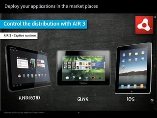 Deploy your applications in the market places


Control the distribution with AIR 3
AIR 3 - Captive runtime




                          ANDROID                                            QNX   IOS

© 2010 Adobe Systems Incorporated. All Rights Reserved. Adobe Con dential.   23
 