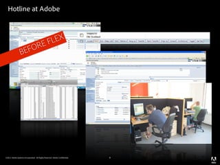 Hotline at Adobe



                                                 FL EX
                   FO RE
                 BE




©2011 Adobe Systems Incorporated. All Rights Reserved. Adobe Con dential.   9
 