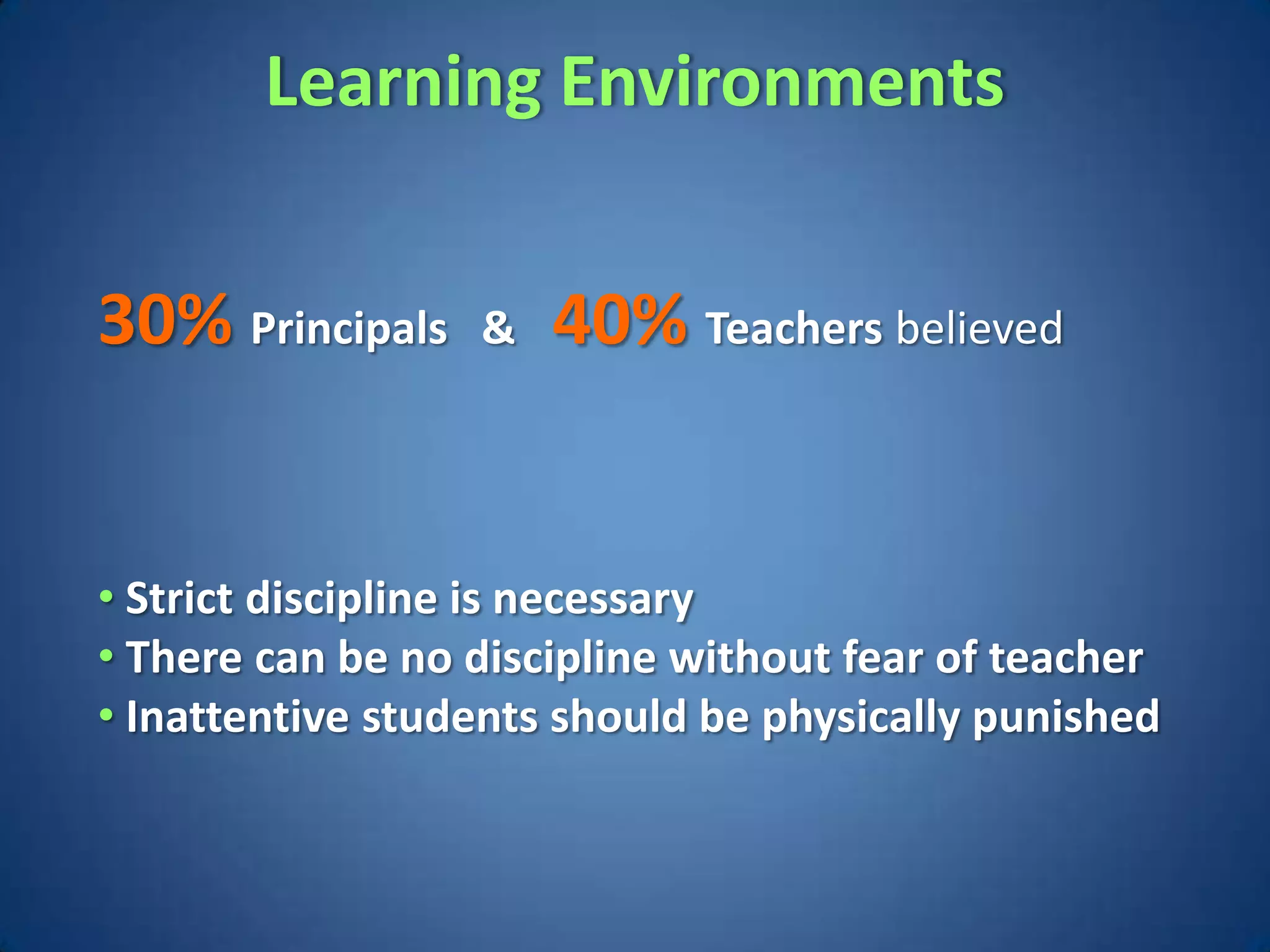 Learning Environments


30% Principals    &   40% Teachers believed


• Strict discipline is necessary
• There can be no discipline without fear of teacher
• Inattentive students should be physically punished
 