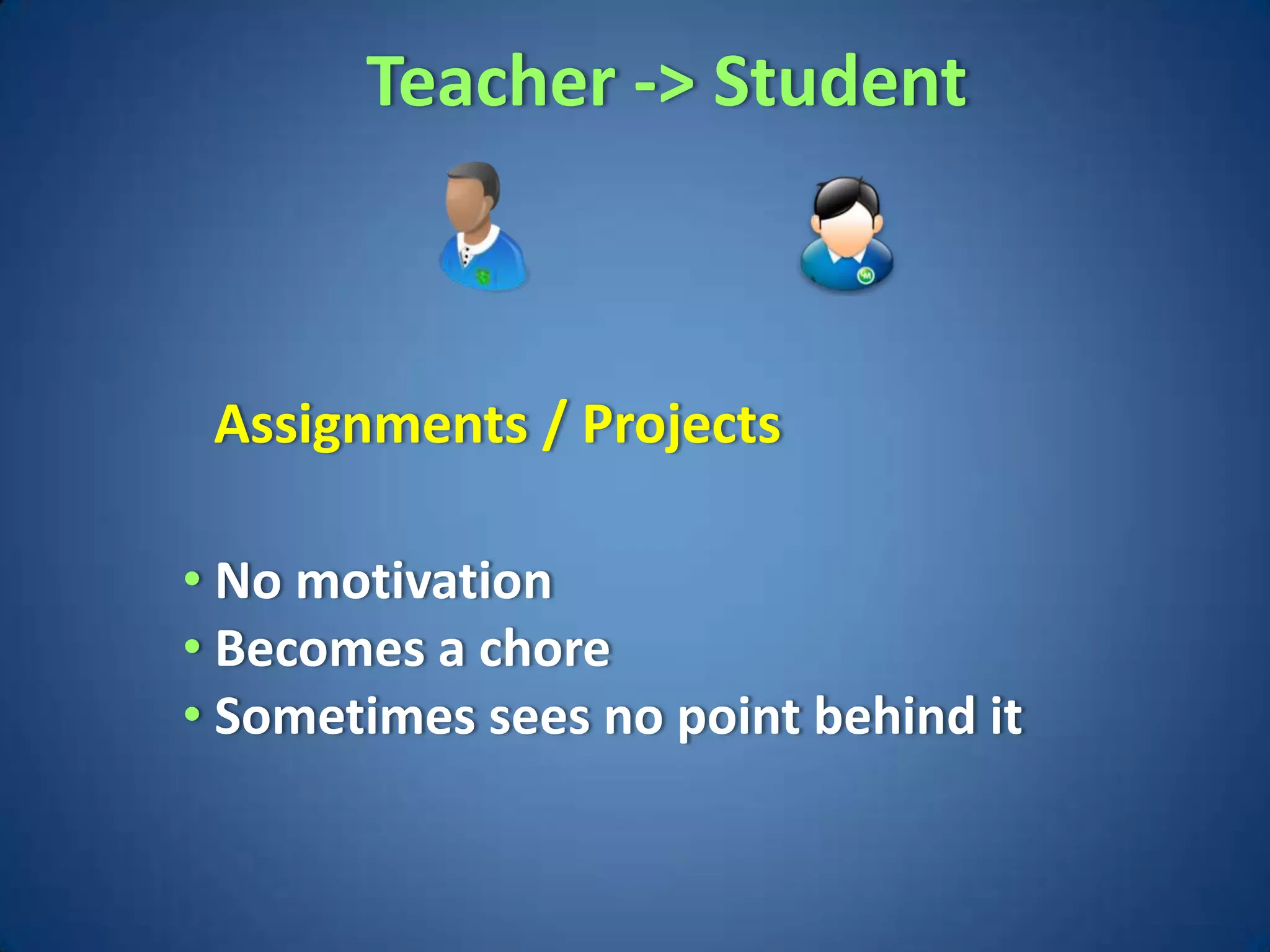 Teacher -> Student



 Assignments / Projects

• No motivation
• Becomes a chore
• Sometimes sees no point behind it
 