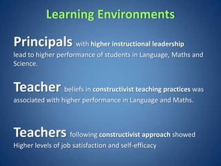 Learning Environments

Principals with higher instructional leadership
lead to higher performance of students in Language, Maths and
Science.


Teacher beliefs in constructivist teaching practices was
associated with higher performance in Language and Maths.



Teachers following constructivist approach showed
Higher levels of job satisfaction and self-efficacy
 