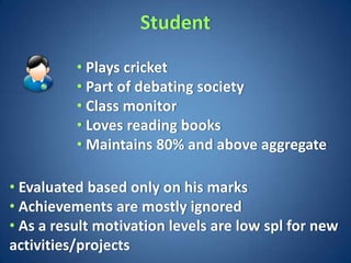 Student

          • Plays cricket
          • Part of debating society
          • Class monitor
          • Loves reading books
          • Maintains 80% and above aggregate

• Evaluated based only on his marks
• Achievements are mostly ignored
• As a result motivation levels are low spl for new
activities/projects
 