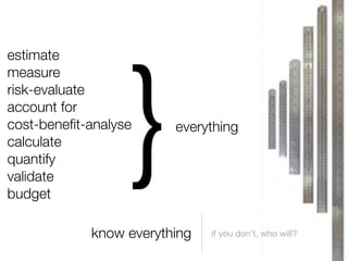 }
estimate
measure
risk-evaluate
account for
cost-beneﬁt-analyse     everything
calculate
quantify
validate
budget

            know everything   if you don’t, who will?
 