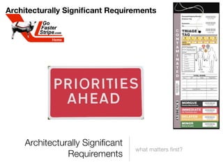 Architecturally Signiﬁcant Requirements




    Architecturally Signiﬁcant
                                 what matters ﬁrst?
               Requirements
 