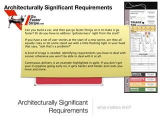 Architecturally Signiﬁcant Requirements


       Can you build a car, and then put go faster things on it to make it go
       faster? Or do you have to address ‘gofasterness’ right from the start?

       If you have a set of user stories at the start of a new sprint, are they all
       equally risky or do some stand out with a little ﬂashing light in your head
       that says, “ooh that’s a problem?”

       A kind of triage is needed: identifying requirements you have to deal with
       sooner otherwise you won’t be able to deal with it at all.

       Continuous delivery is an example highlighted in agile: If you don’t get
       your CI pipeline going early on, it gets harder and harder and costs you
       more and more.




    Architecturally Signiﬁcant
                                                             what matters ﬁrst?
               Requirements
 