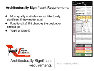 Architecturally Signiﬁcant Requirements

♣ Most quality attributes are architecturally
 signiﬁcant if they matter at all
♣ Functionality? If it changes the design; or
 costs a lot
♣ Yagni or Niagni?




    Architecturally Signiﬁcant
                                         what matters, when?
               Requirements
 