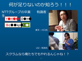 17
何が足りないのか知ろう！！！
スクラムなら俺たちでもやれるんじゃね！？
楽天：川口氏
LSJ：和波氏
NTTグループの卒業
生
有識者
LI●E
D●N●Y●H●●!
●c●●kp●d
 