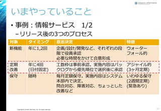 Copyright© Growth xPartners, Inc. All rights reserved. 
いまやっていること 
•事例：情報サービス1/2 
–リリース後の3つのプロセス 
34 
対象 
タイミング 
意志決定 
特徴 
新機能 
年に1,2回 
企画/設計/開発など、それぞれの段 階で役員承認 
必要な時間をかけて合意形成 
ウォーター フォール的 
定期 
改善 
年に4回 
(日付固定) 
工数枠は事前承認。実施内容はバッ クログから優先順位で選択後に承認 
アジャイル的 
(3ヶ月定期) 
保守 
随時 
毎月定額保守。実施内容はシステム 本部内で決定。 
問合対応、障害対応、ちょっとした 改善など 
いわゆる保守 
(2週間定期) 
(緊急あり)  