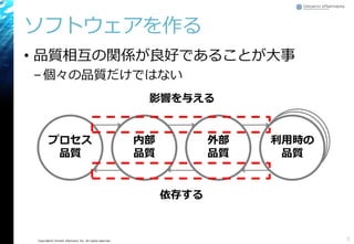 Copyright© Growth xPartners, Inc. All rights reserved. 
ソフトウェアを作る 
•品質相互の関係が良好であることが大事 
–個々の品質だけではない 
8 
利用時の 
品質 
利用時の 
品質 
プロセス 
品質 
内部 
品質 
外部 
品質 
利用時品質 
影響を与える 
依存する  
