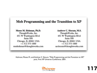 117
Hohman, Moses M., and Andrew C. Slocum. "Mob Programming and the Transition to XP."
proc. First XP Universe Conference. 2001.
 