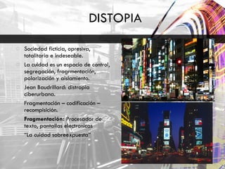 DISTOPIA Sociedad ficticia, opresiva, totalitaria e indeseable. La cuidad es un espacio de control, segregación, fragrmentación, polarización y aislamiento. Jean Baudrillard: distropia ciberurbana. Fragmentación – codificación – recompisición. Fragmentación:  Procesador de texto, pantallas electronicas “ La cuidad sobreexpuesta” 