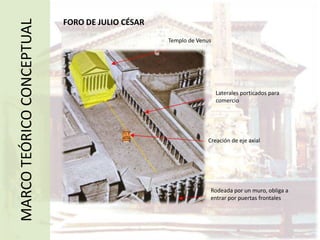 CARACTERÍSTICAS DE LA ARQUITECTURA ROMANAIncertumLatericiumEspicatumMixtumMurosDórico griegoDórico romano (toscano)JónicoCorintioCompuestoColumnas y pilaresÓrdenes máslibresMARCO TEÓRICO CONCEPTUALEntablamento adinteladoCubiertas a dos aguasArco de medio puntoBóveda de cañónBóveda anularBóveda de media naranjaMás solidezEquilibrio dinamismo-reposoTriángulos enmarcadosFunción adintelado y abovedadoTechumbre abovedadaÁbsidesÉxedras acentúan eje de simetría longitudinal