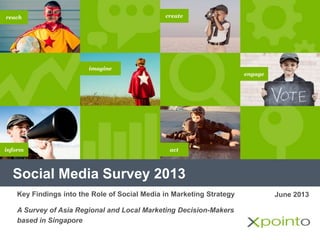 Social Media Survey 2013
imagine
inform
create
engage
reach
act
June 2013Key Findings into the Role of Social Media in Marketing Strategy
A Survey of Asia Regional and Local Marketing Decision-Makers
based in Singapore
 