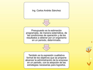 Ing. Carlos Andrés Sánchez

Presupuesto es la estimación
programada, de manera sistemática, de
las condiciones de operación y de los
resultados a obtener por un organismo
en un periodo, determinado.

También es la expresión cualitativa
formal de los objetivos que se propone
alcanzar la administración de la empresa
en un periodo, con la adopción de las
estrategias necesarias para lograrlos.

 