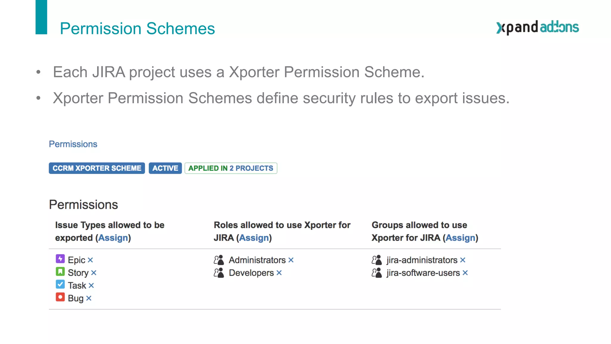 Permission Schemes
• Each JIRA project uses a Xporter Permission Scheme.
• Xporter Permission Schemes define security rules to export issues.
 