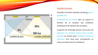 Contrôler la lumière:
Contrôler la lumière naturelle consiste à gérer la
quantité et la
distribution de la lumière dans un espace en
fonction de la variation des conditions
climatiques et les besoins des occupants.
La gestion de l'éclairage permet, d'une part, de
répondre à la variation continue de la lumière
naturelle et, d'autre part, d'adapter l'ambiance
lumineuse d'un local pour correspondre au
mieux aux besoins de ses utilisateurs.
 