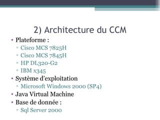 2) Architecture du CCM
• Plateforme :
▫ Cisco MCS 7825H
▫ Cisco MCS 7845H
▫ HP DL320-G2
▫ IBM x345
• Système d’exploitation
▫ Microsoft Windows 2000 (SP4)
• Java Virtual Machine
• Base de donnée :
▫ Sql Server 2000
 