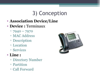 3) Conception
• Association Device/Line
• Device : Terminaux
▫ 7940 – 7970
▫ MAC Address
▫ Description
▫ Location
▫ Services
• Line :
▫ Directory Number
▫ Partition
▫ Call Forward
 