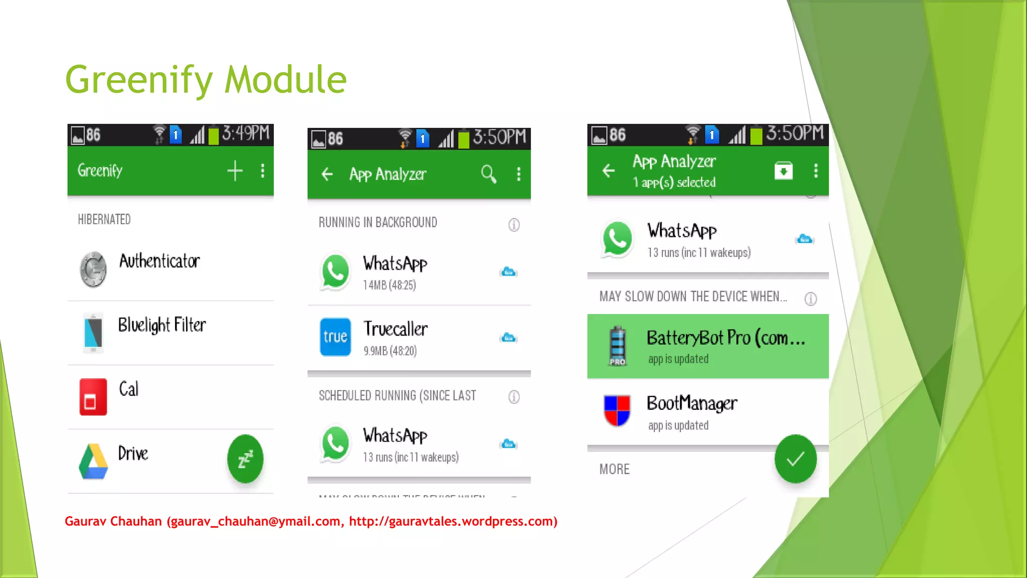 Greenify Module
Gaurav Chauhan (gaurav_chauhan@ymail.com, http://gauravtales.wordpress.com)
 