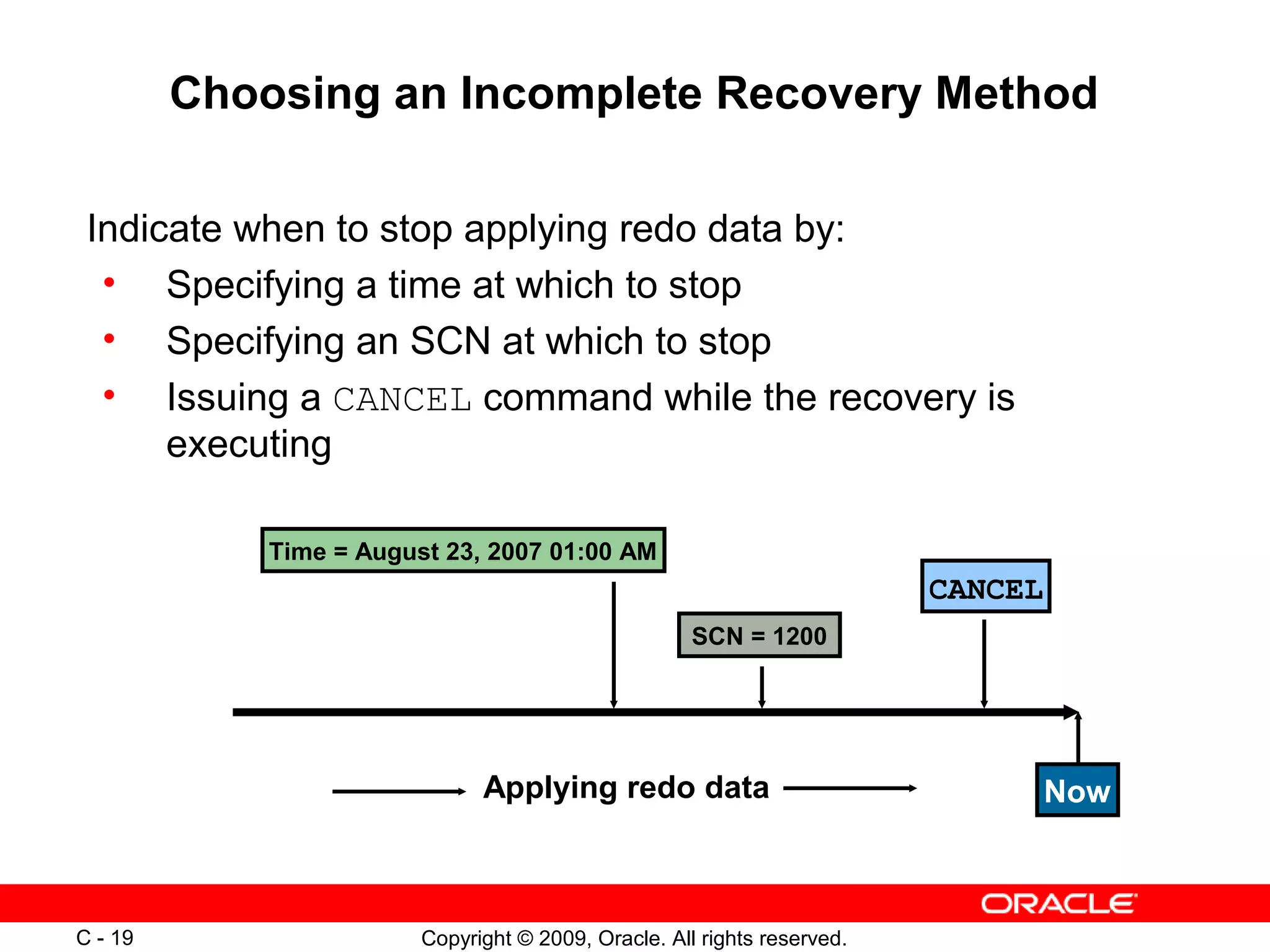 Copyright © 2009, Oracle. All rights reserved.C - 19
Choosing an Incomplete Recovery Method
Indicate when to stop applying redo data by:
• Specifying a time at which to stop
• Specifying an SCN at which to stop
• Issuing a CANCEL command while the recovery is
executing
Applying redo data
SCN = 1200
Time = August 23, 2007 01:00 AM
CANCEL
Now
 