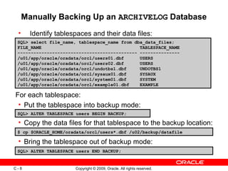 Copyright © 2009, Oracle. All rights reserved.C - 8
Manually Backing Up an ARCHIVELOG Database
SQL> ALTER TABLESPACE users BEGIN BACKUP;
• Identify tablespaces and their data files:
$ cp $ORACLE_HOME/oradata/orcl/users*.dbf /u02/backup/datafile
• Copy the data files for that tablespace to the backup location:
• Bring the tablespace out of backup mode:
SQL> ALTER TABLESPACE users END BACKUP;
SQL> select file_name, tablespace_name from dba_data_files;
FILE_NAME TABLESPACE_NAME
--------------------------------------------- ---------------
/u01/app/oracle/oradata/orcl/users01.dbf USERS
/u01/app/oracle/oradata/orcl/users02.dbf USERS
/u01/app/oracle/oradata/orcl/undotbs1.dbf UNDOTBS1
/u01/app/oracle/oradata/orcl/sysaux01.dbf SYSAUX
/u01/app/oracle/oradata/orcl/system01.dbf SYSTEM
/u01/app/oracle/oradata/orcl/example01.dbf EXAMPLE
For each tablespace:
• Put the tablespace into backup mode:
 