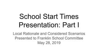 School Start Times
Presentation: Part I
Local Rationale and Considered Scenarios
Presented to Franklin School Committee
May 28, 2019
 